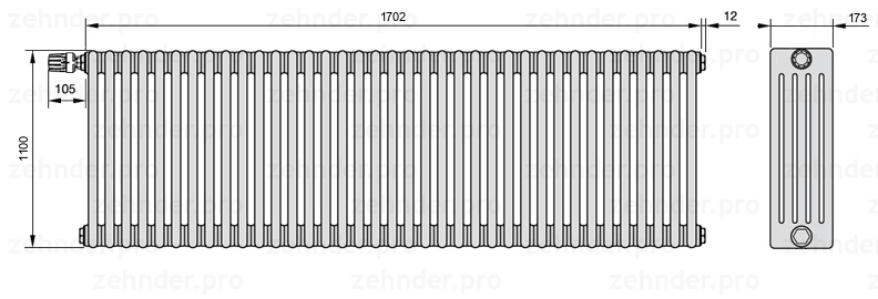 Схема (чертеж) Радиатор Zehnder Charleston 5110/37 №V012 Белый глянцевый RAL 9016